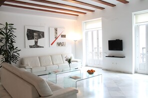 Smart TV, caminetto, libri