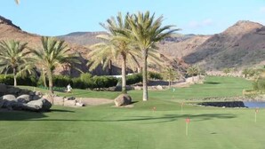 A golf course with palm trees, a water hazard, and rocky hills in the background.