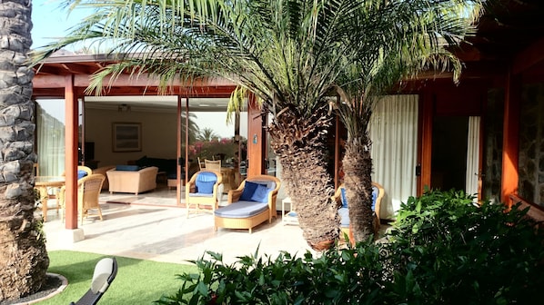 A covered outdoor seating area with wicker furniture and a palm tree.