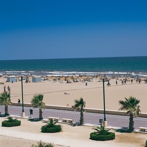 Une plage avec des gens, des parasols et des palmiers.