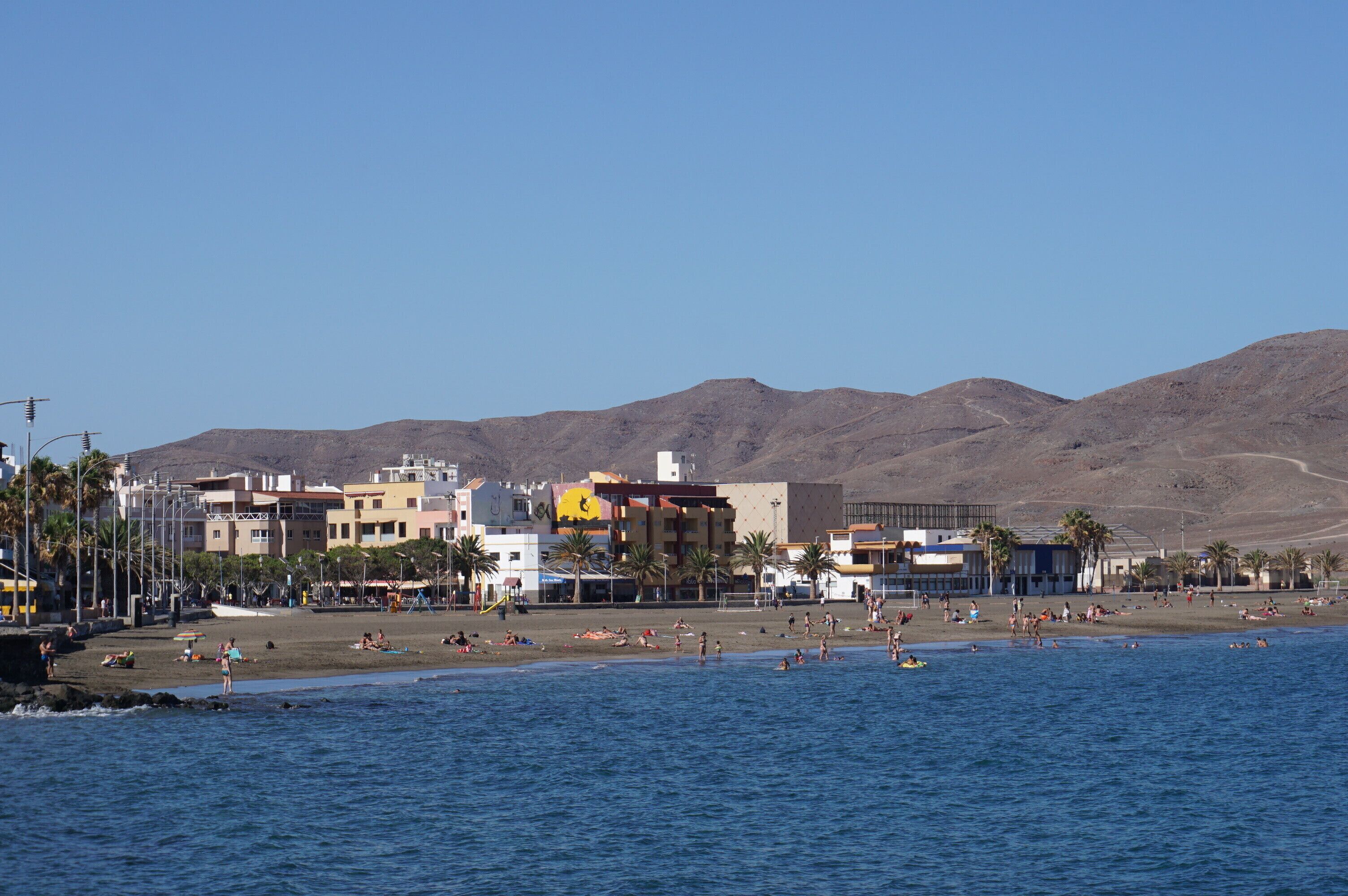 Escena costera con edificios, palmeras y montañas al fondo.