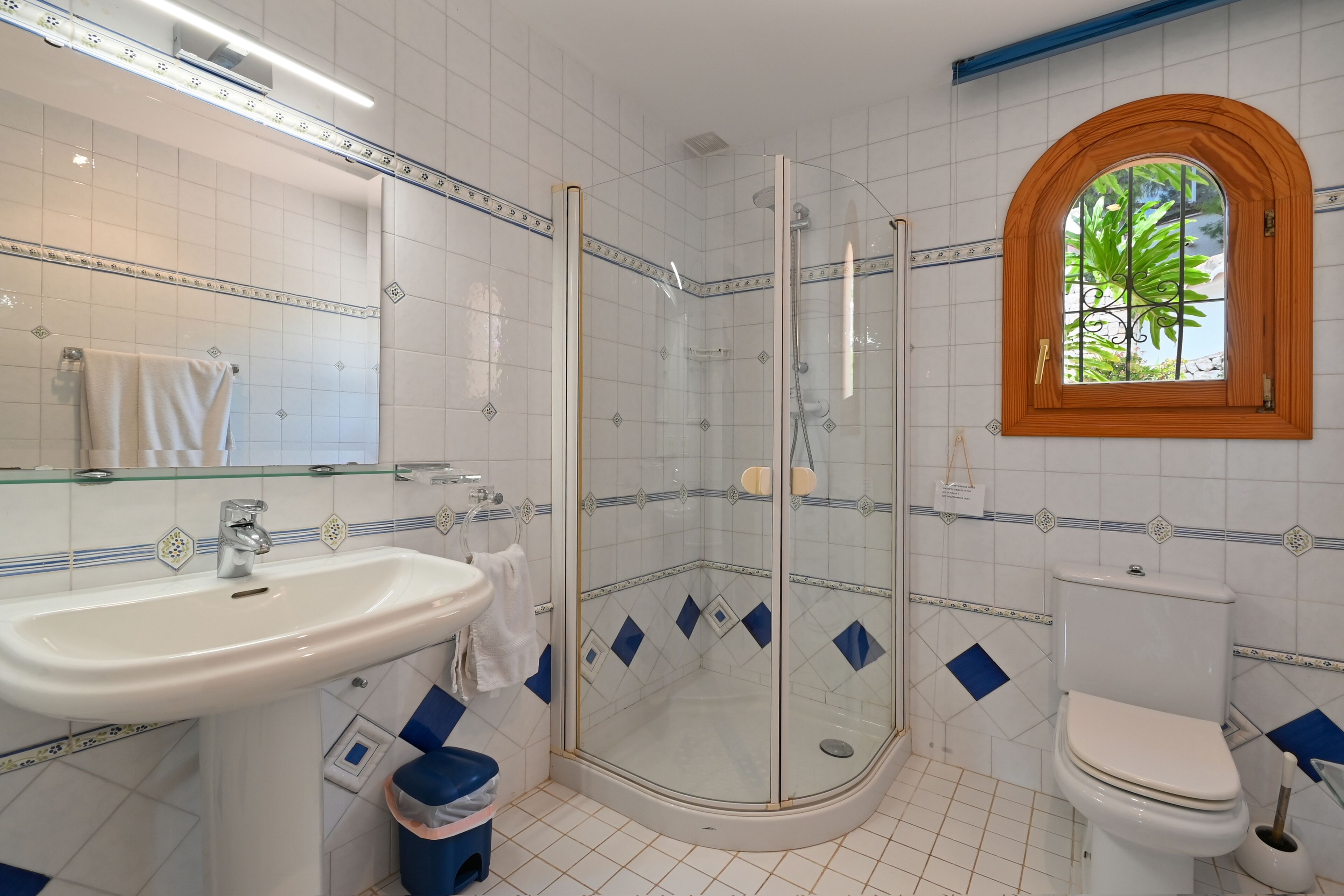 A bathroom with a glass-enclosed shower, a sink, a toilet, and a mirror.