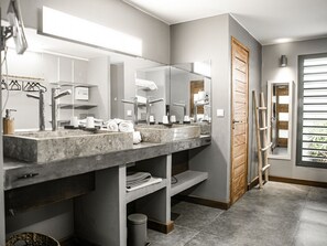 Chuveiro, secador de cabelo, toalhas de banho, sabonete