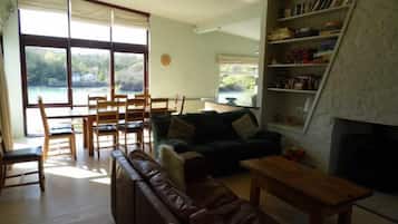 Een smart-tv, een open haard, een dvd-speler en boeken