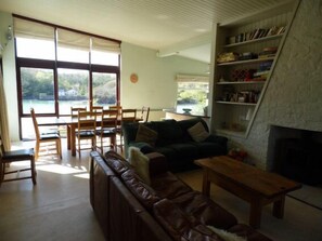 Smart TV, fireplace, DVD player, books