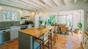 A modern kitchen with a central island, built-in appliances, and ample natural light from large windows. - Charming farmhouse with private heated pool and amazing mountain views. (Mont-De-Marrast)