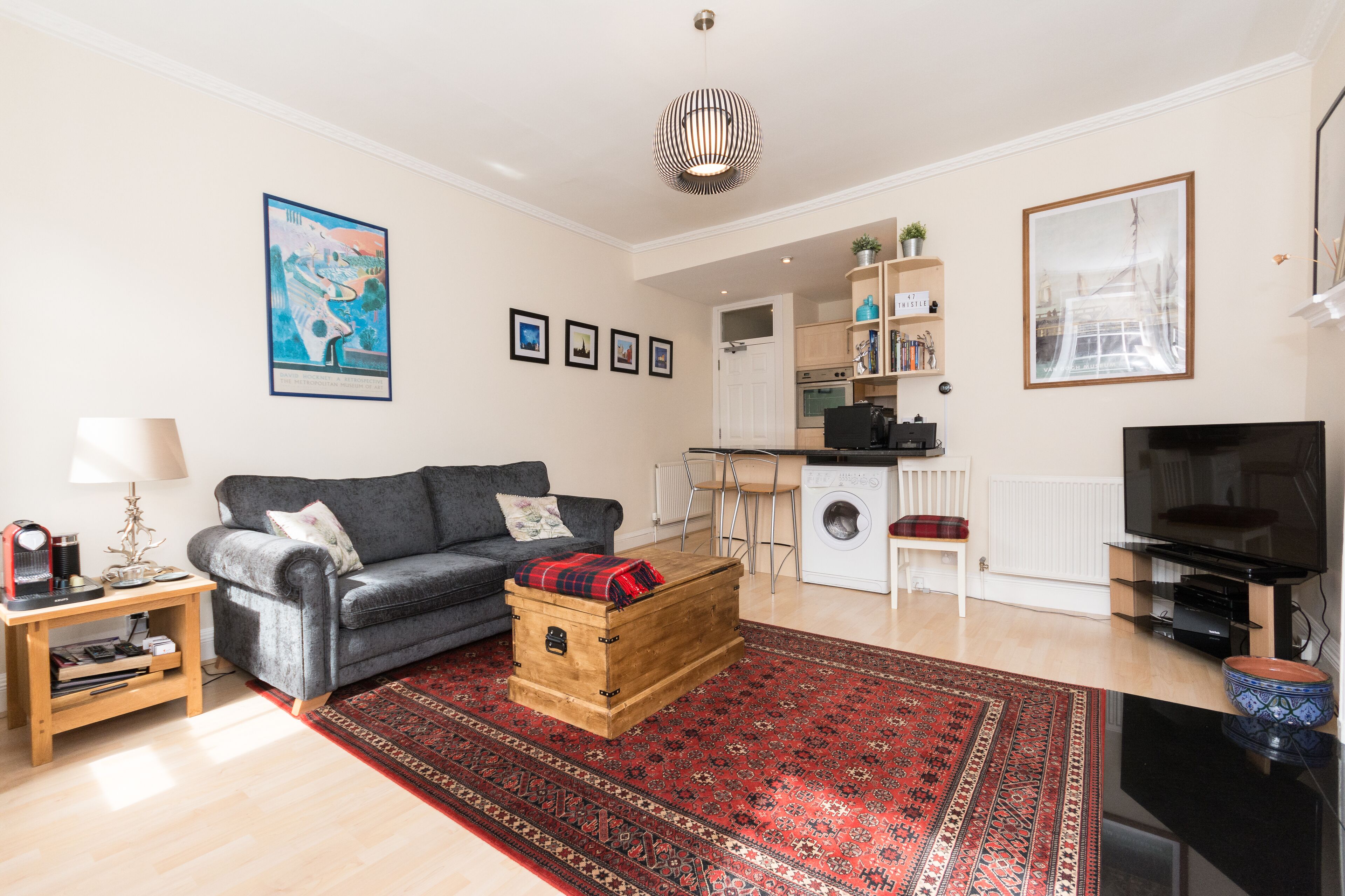 Smart TV, fireplace, DVD player, books