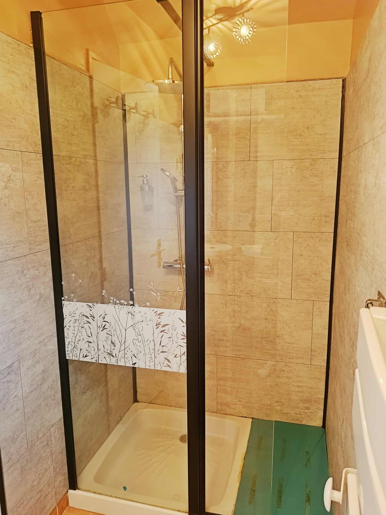 A glass-enclosed shower with a tiled floor, a visible showerhead, and a small sink area.