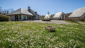 Un cadre rural avec des maisons de campagne traditionnelles, un chemin de gravier et un champ de marguerites.