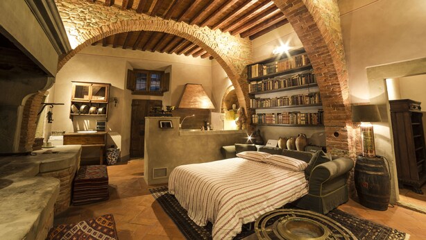 Una habitación acogedora y rústica con un arco de piedra, una cama, una estantería y una chimenea.