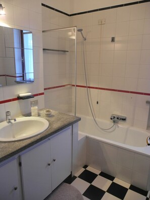 Combined shower/bathtub, hair dryer, bidet, towels