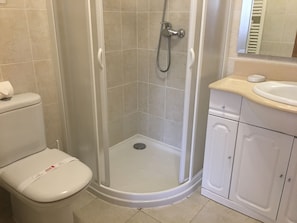 A bathroom with a toilet, a shower enclosure, and a sink with cabinets.