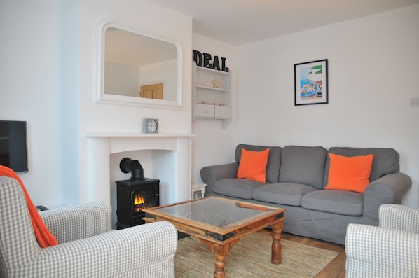 Smart TV, fireplace, books
