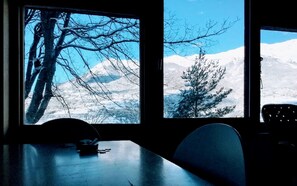 A room with a view of snow-covered mountains and bare trees through large windows. - Great mountain villa (7 parts): skiing, lake and sun !- St André d''EMBRUN (Embrun)