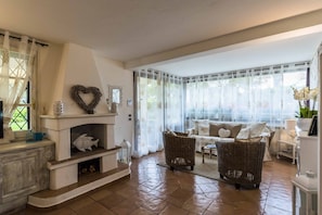 TV connectée, cheminée, lecteur de DVD, livres