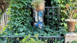 Une statue d’une figure religieuse, entourée d’une végétation luxuriante, avec une rambarde en métal et un pot de fleurs à proximité.