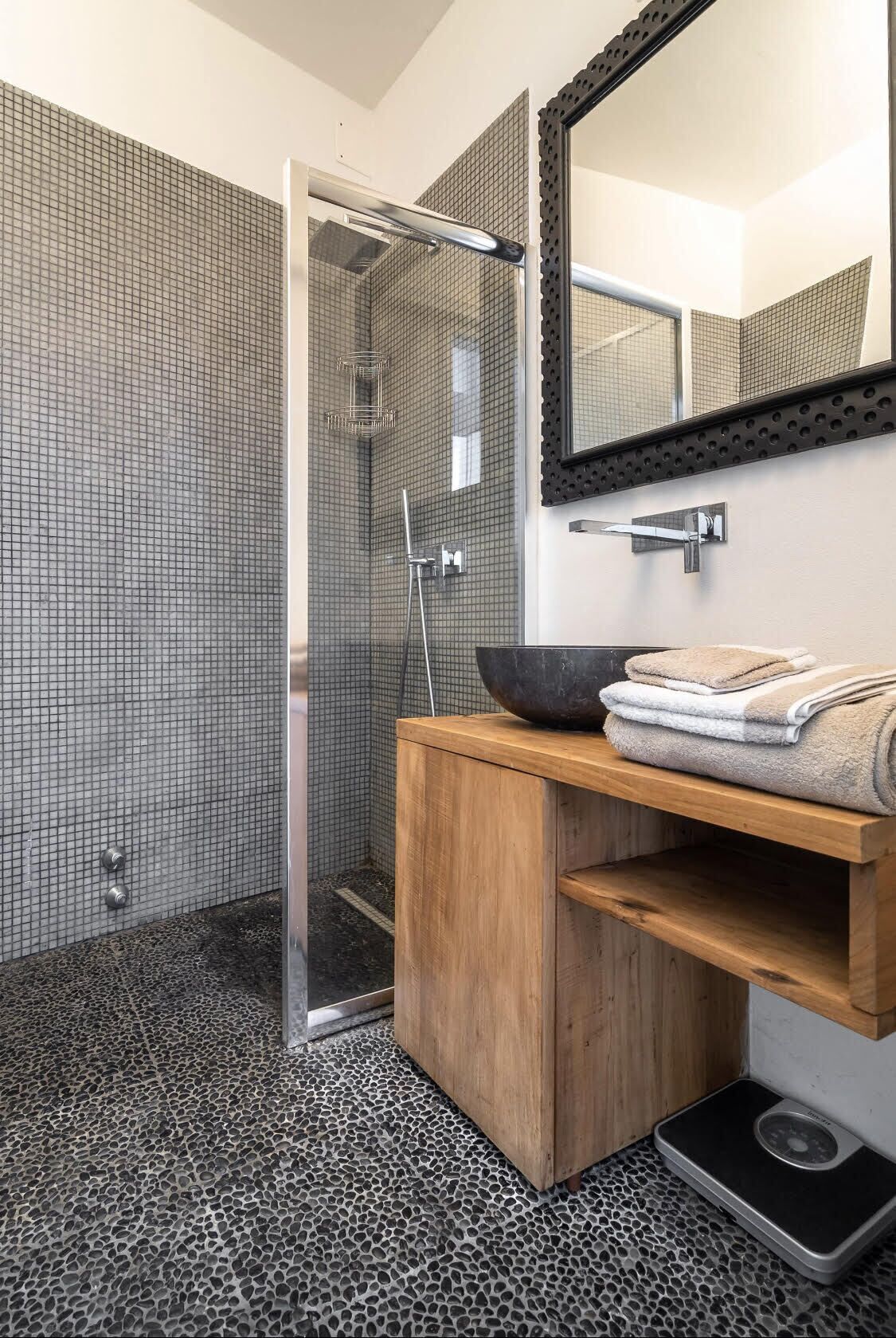 Shower, hair dryer, bidet, towels