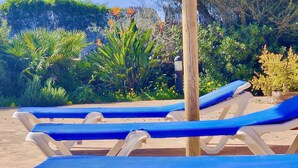 Une rangée de chaises longues avec des coussins bleus, sur une plage de sable, entourée d’une végétation luxuriante et d’un poteau en bois.