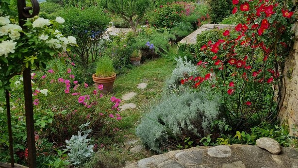 A garden with various plants and flowers, a stone wall, and a view of the landscape.