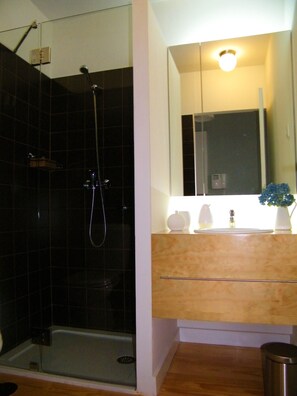 Douche, sèche-cheveux, serviettes fournies, shampoing