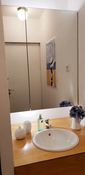 Shower, hair dryer, towels, shampoo