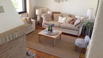 Smart TV, fireplace, DVD player, books