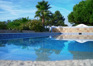 Une piscine aux eaux cristallines, bordée de carreaux, entourée de verdure et d’un mur de pierre.