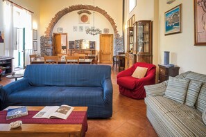 TV, fireplace, books