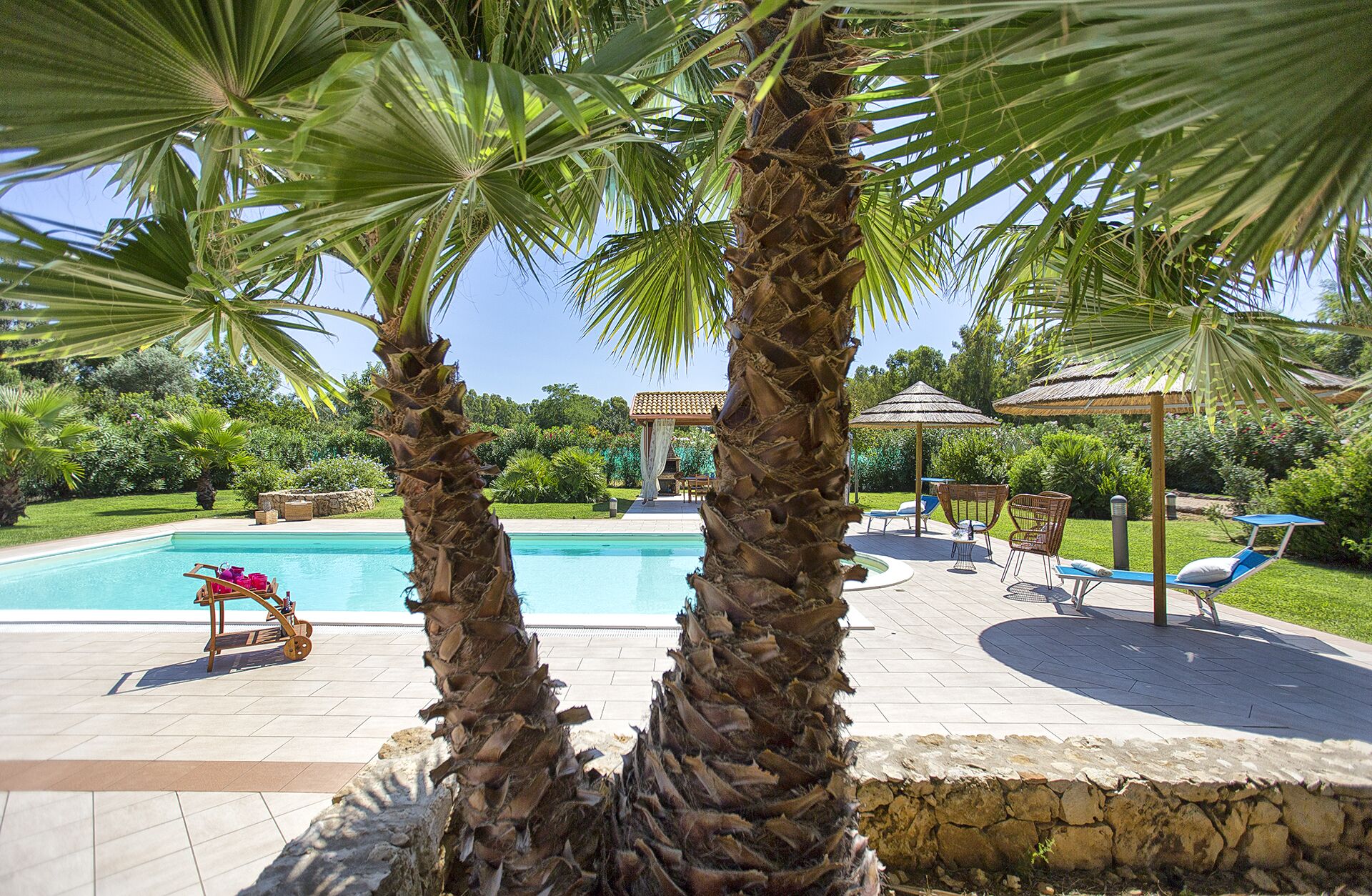 Un área de piscina con palmeras, sillas de descanso y una pérgola.