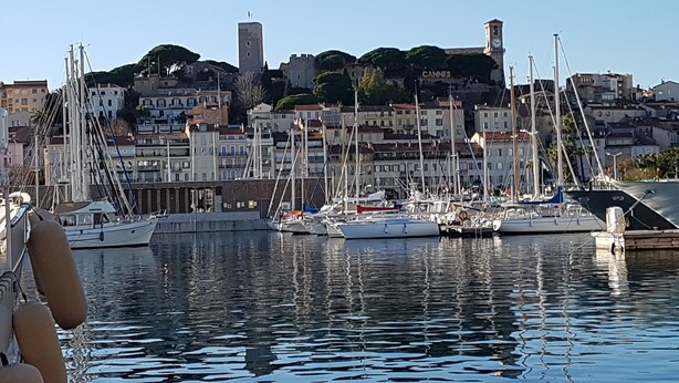 Una marina con diverse imbarcazioni ormeggiate, cielo sereno e edifici sullo sfondo.
