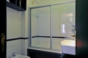 Combined shower/tub, hair dryer, bidet, towels