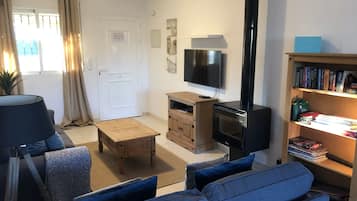 TV, DVD player, books, stereo