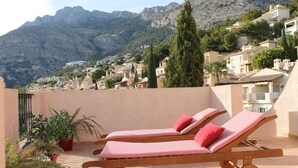 A rooftop terrace with two sun loungers, potted plants, and a mountainous backdrop.