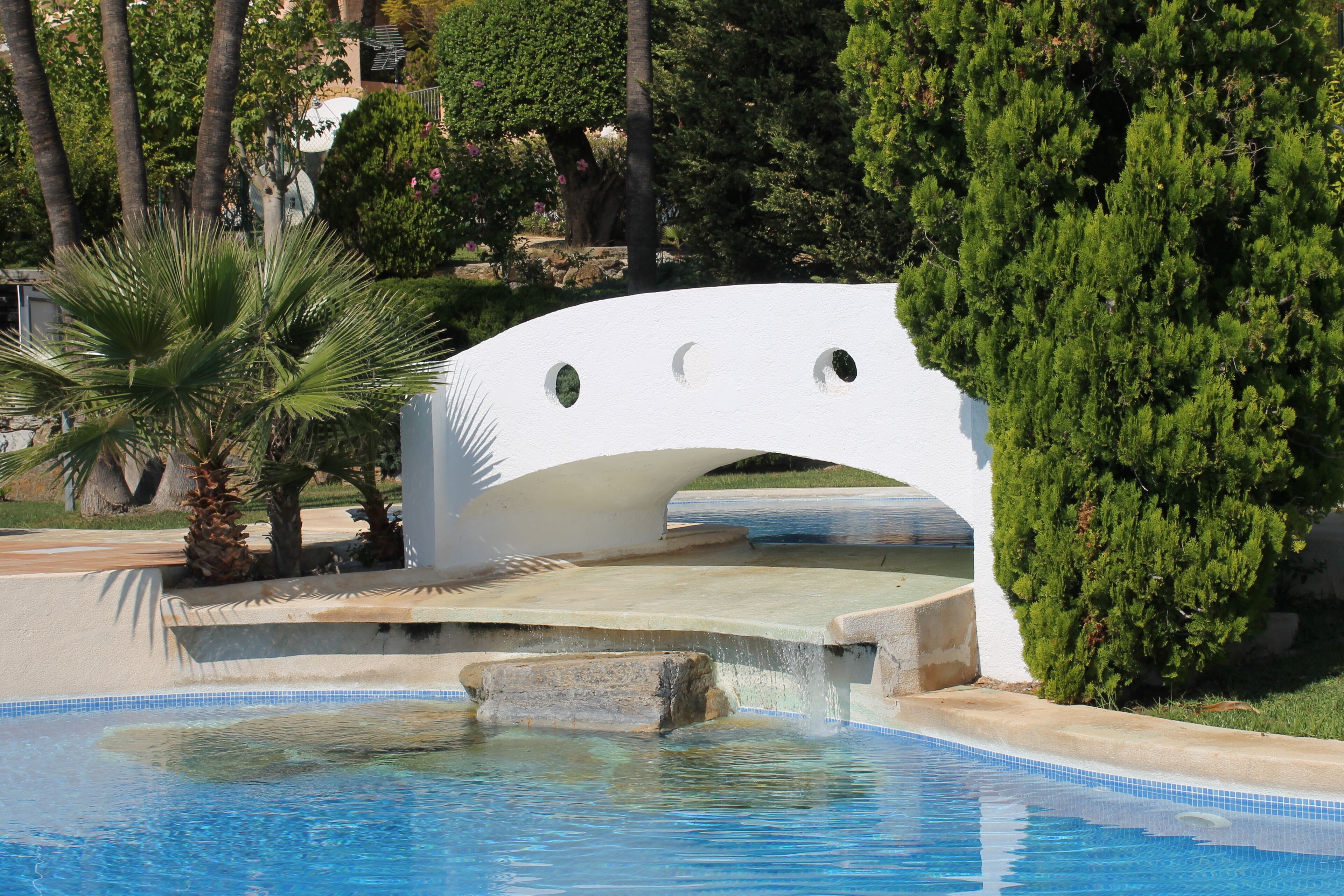 Un área de piscina con un puente blanco en arco, palmeras y un césped bien cuidado.