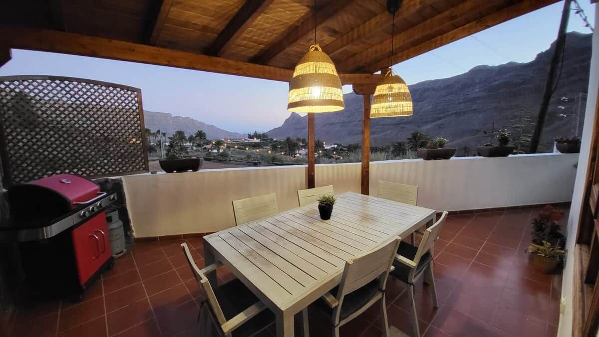 Une terrasse extérieure avec une table et des chaises en bois, un barbecue et des plantes en pot.