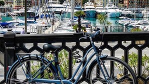 A bicycle parked by a railing overlooking a marina with boats and buildings in the background. - STUNNING BEACHFRONT APARTMENT ON PROMENADE,  ENDLESS SEAVIEWS, SUPERB LOCATION  (Nice)