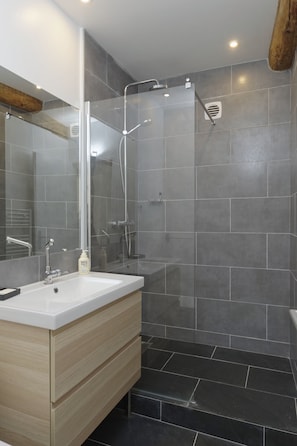 Hair dryer, towels, soap, shampoo