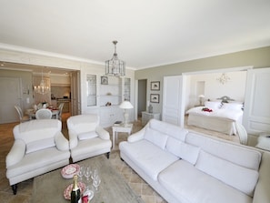 TV, fireplace, DVD player, video library - Luxurious seafront 2 bedrooms flat superb view, WIFI, AC, for 4 close to beach (Antibes)