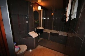 Douche, sèche-cheveux, serviettes fournies, savon