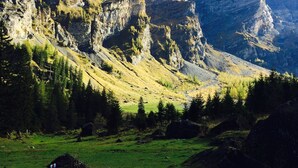 Un paysage montagneux caractérisé par des falaises rocheuses et une vallée verdoyante.