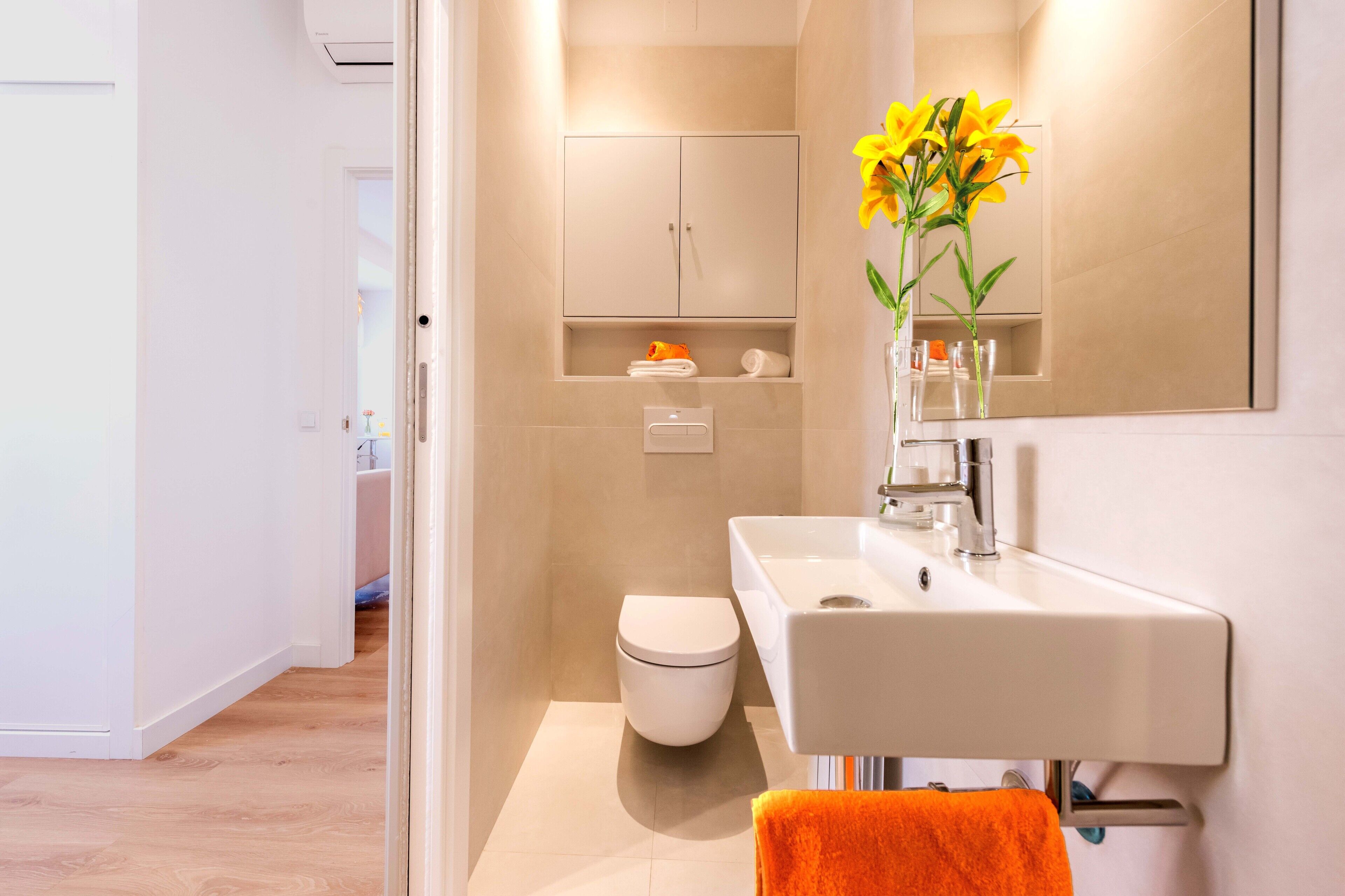 Shower, hair dryer, bidet, towels