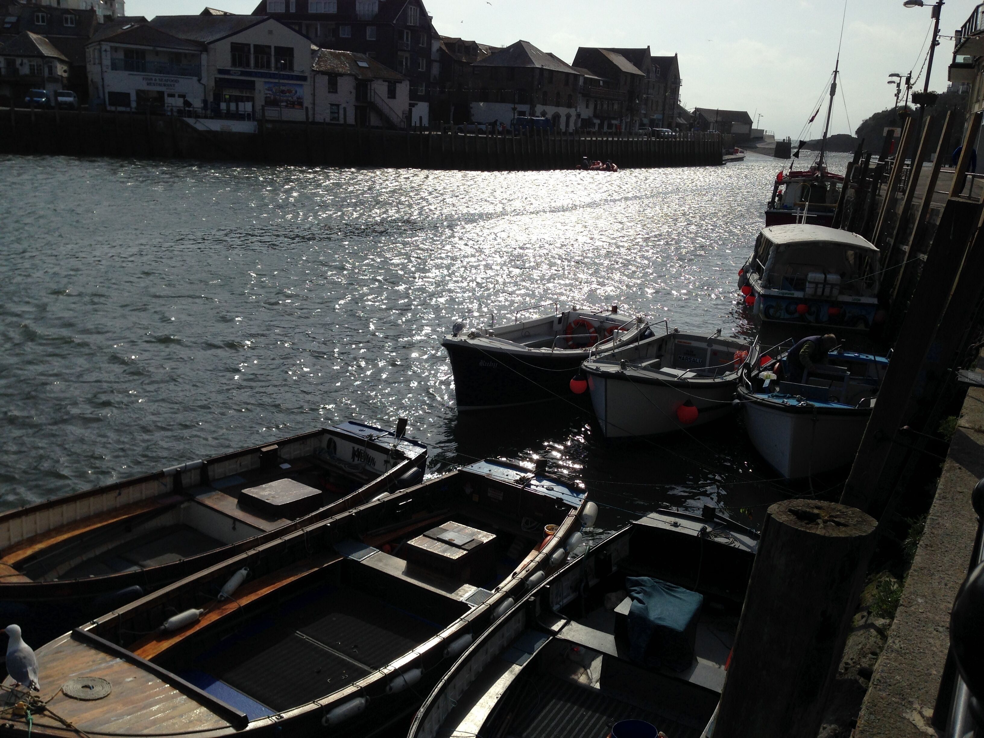 A harbor with boats docked, a pier, and buildings along the waterfront.