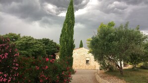 Un edificio de piedra con una entrada estrecha, rodeado de exuberante follaje y plantas en flor.