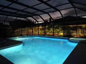 Outdoor pool, a heated pool, pool loungers