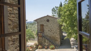 A stone building with a wooden door and a small window, surrounded by potted plants and flowers. - Chianti villa, with private swimming pool! Air conditioning, ULTRA-FAST Wi-Fi (Greve in Chianti)