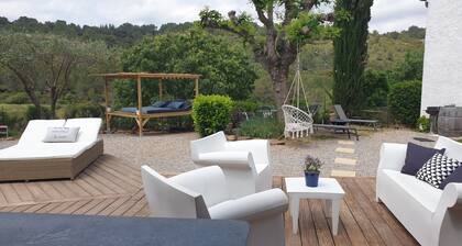 Casita de piscina rodeada de viñedos