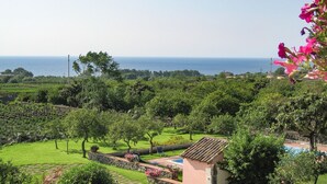 A lush garden with a swimming pool, a stone wall, and a view of the sea.