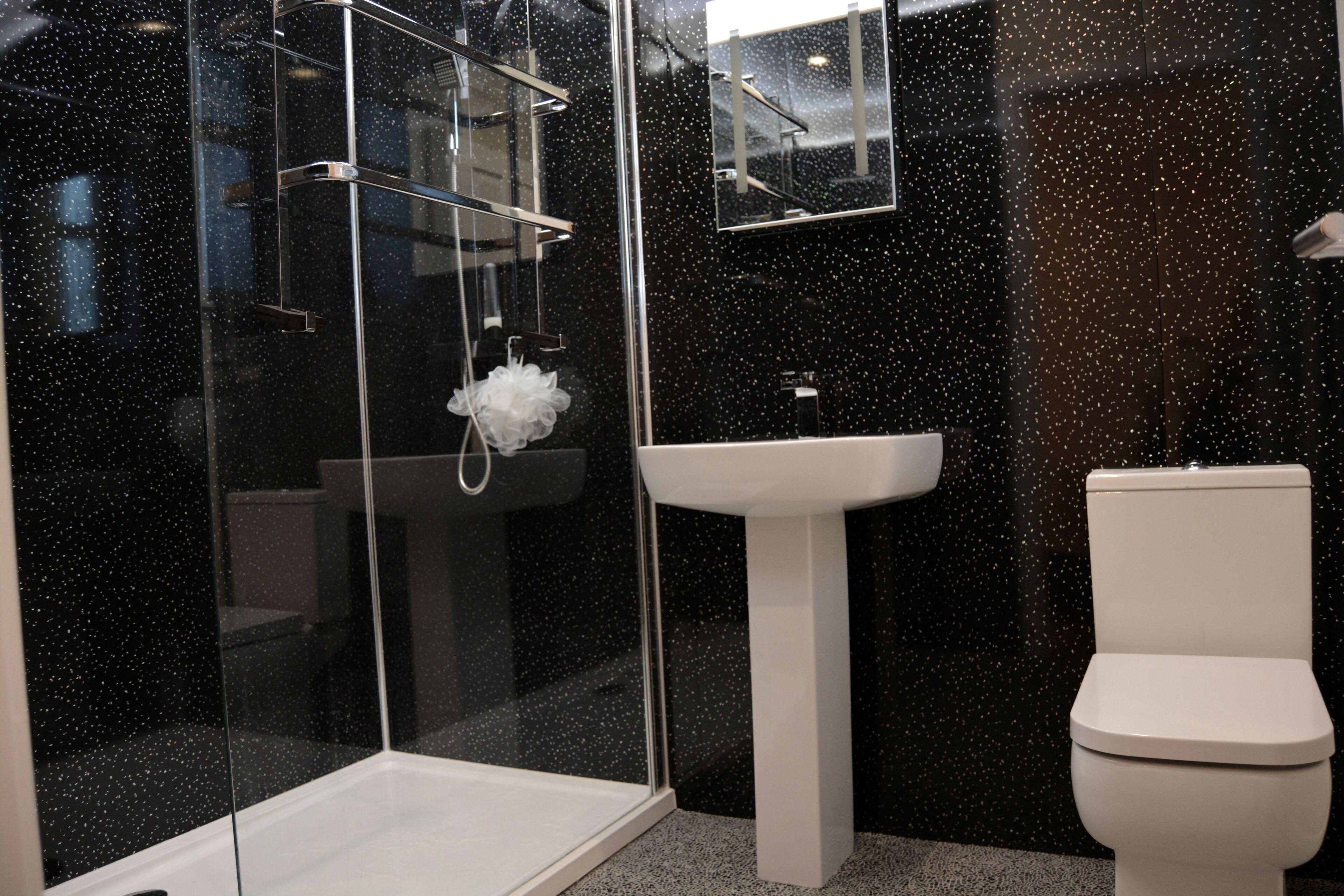 Hair dryer, towels, soap, shampoo