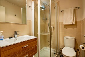 Shower, hair dryer, towels, soap