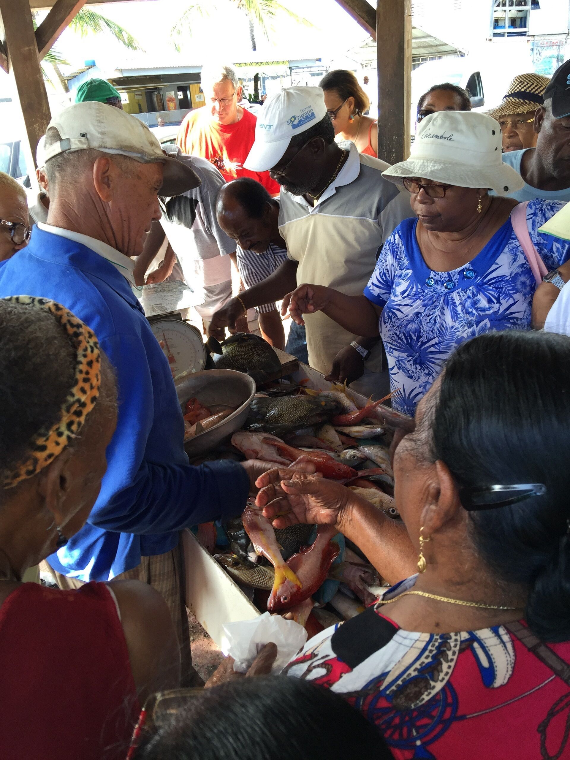 A group of people at a market stall with various fish displayed.